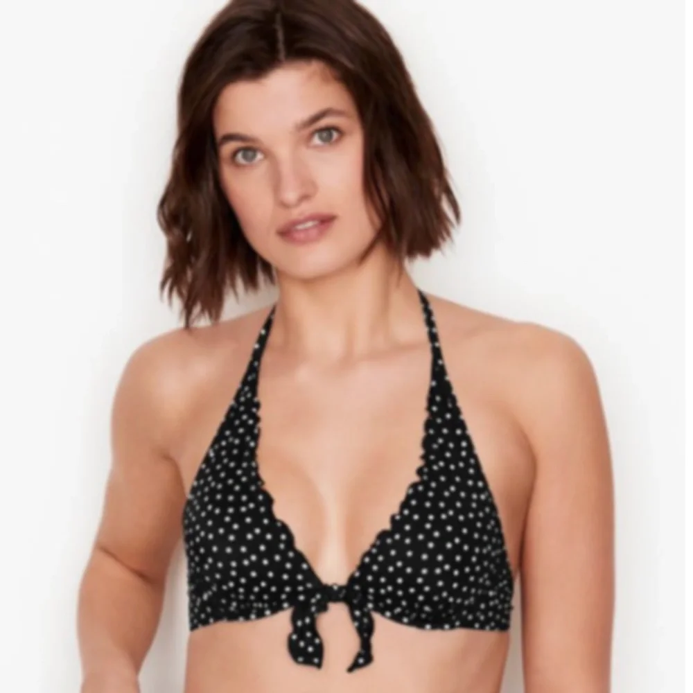 NWT VICTORIA'S SECRET Capri Ruffle Halter Swim Bikini Top Black & White Dot - Picture 1 of 3